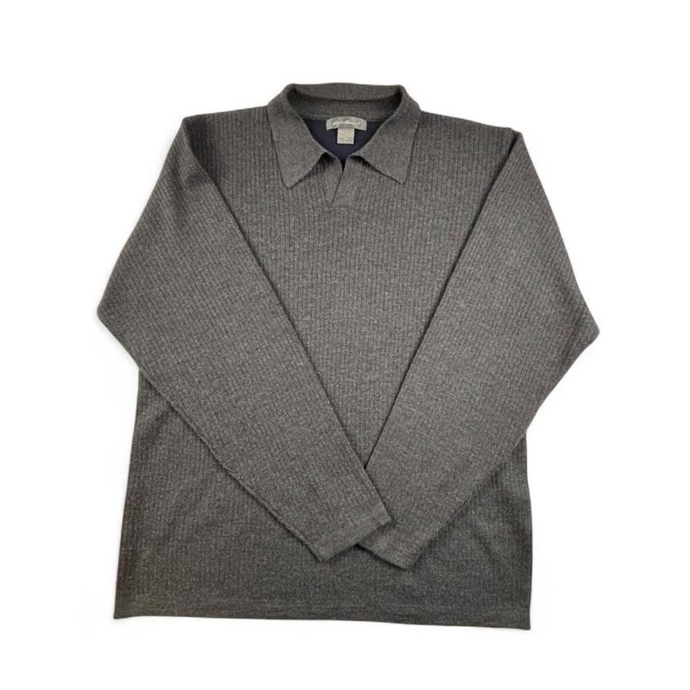 Eddie Bauer 100% Merino Wool Gray Collared Sweater Men's Large Luxury Knit